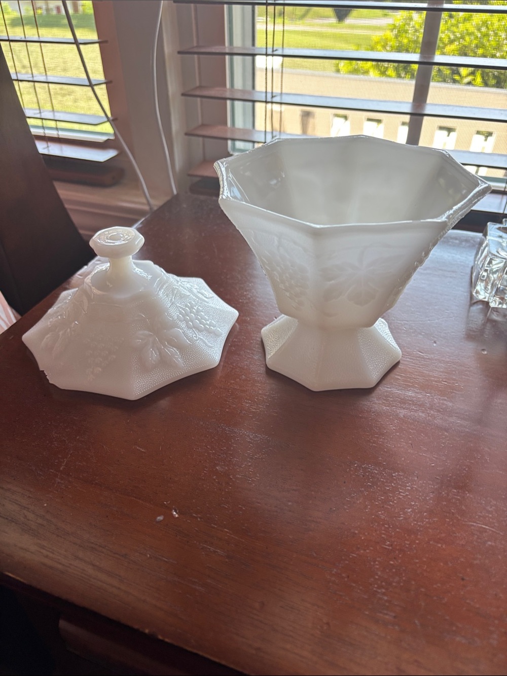 Octagonal White Milk Glass Pedestal Candy Dish with Lid